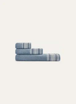 SERVIETTE DE TOILETTE UNIE AVEC LITEAU RAYÉ BLEU