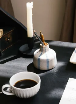 SOLIFLORE EN PORCELAINE À RAYURE BEIGE/BLEU