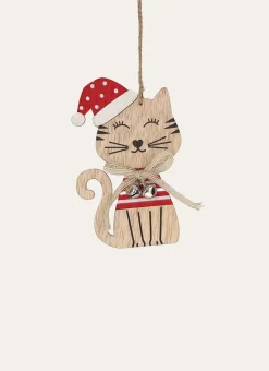 SUSPENSION CHAT DE NOËL EN BOIS AVEC BONNET ROUGE