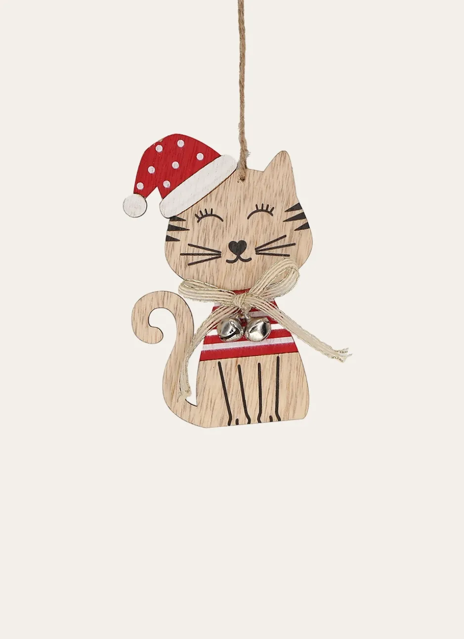 SUSPENSION CHAT DE NOËL EN BOIS AVEC BONNET ROUGE