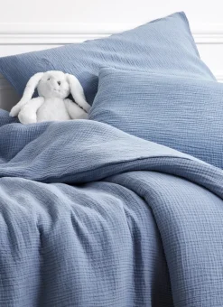 TAIE BÉBÉ EN GAZE DE COTON BRODERIE FEUILLE BLEU