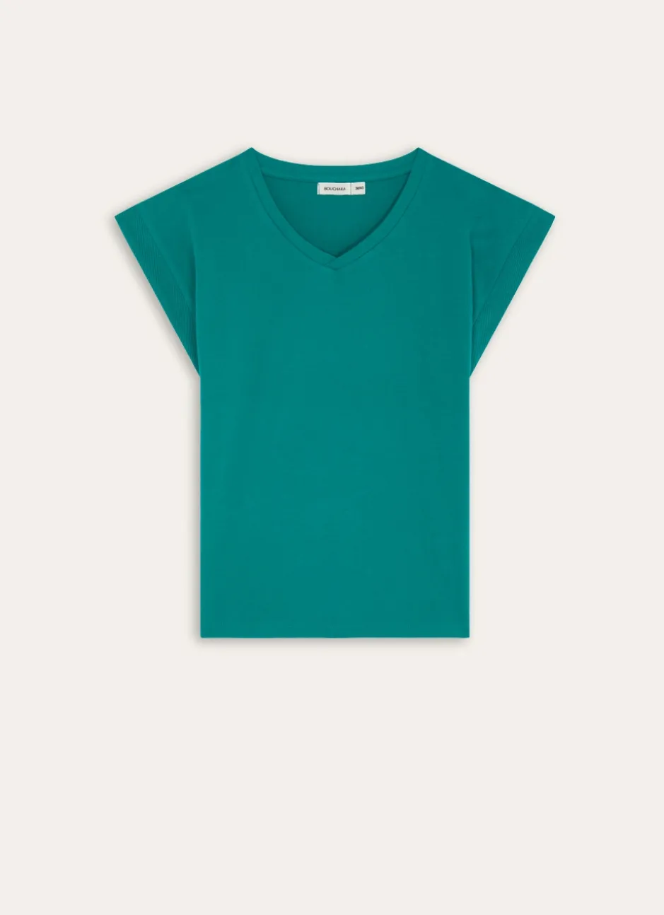 TEE SHIRT MANCHES COURTES COL V EN COTON EMERAUDE