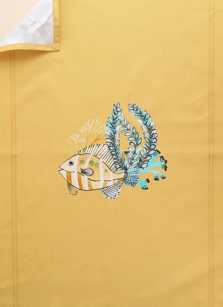 TORCHON EN COTON IMPRIMÉ POISSONS ET CORAUX OCRE
