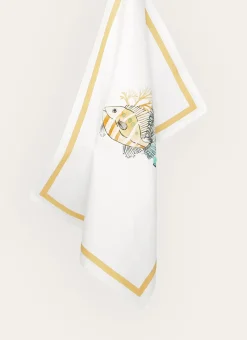 TORCHON EN COTON IMPRIMÉ POISSONS ET CORAUX BLANC OCRE