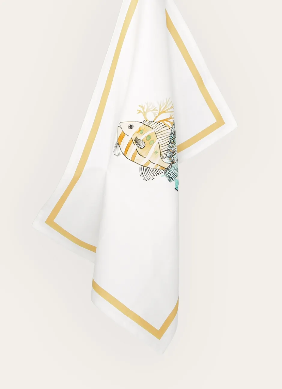 TORCHON EN COTON IMPRIMÉ POISSONS ET CORAUX BLANC OCRE
