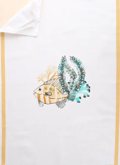 TORCHON EN COTON IMPRIMÉ POISSONS ET CORAUX BLANC OCRE