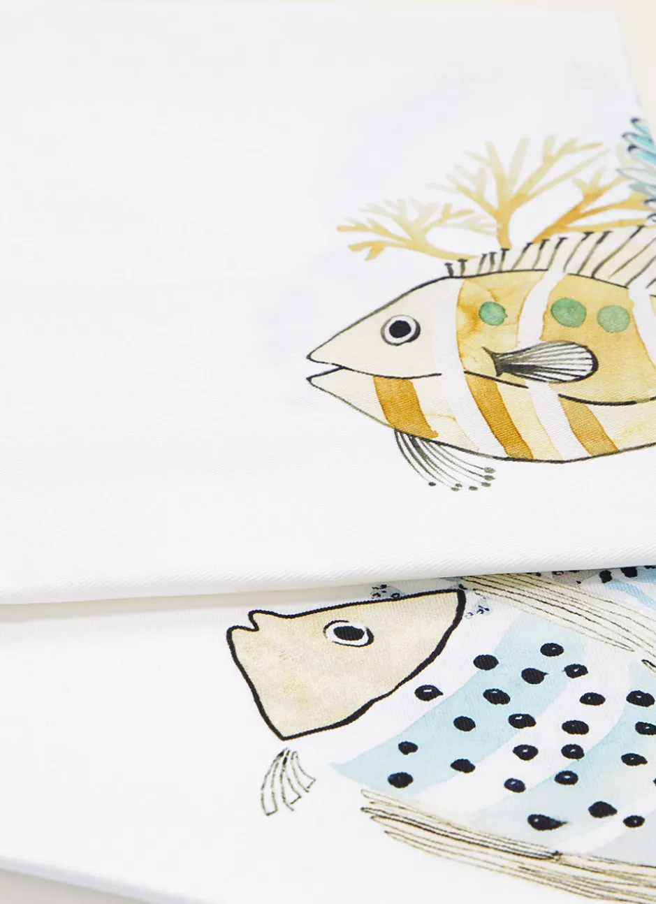 TORCHON EN COTON IMPRIMÉ POISSONS ET CORAUX BLANC OCRE